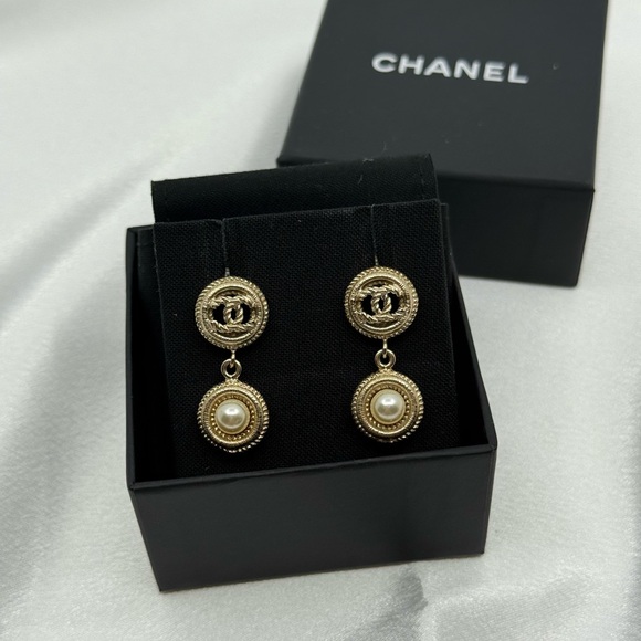 CHANEL Jewelry - Chanel Gold CC Faux Pearl Dangle Earrings